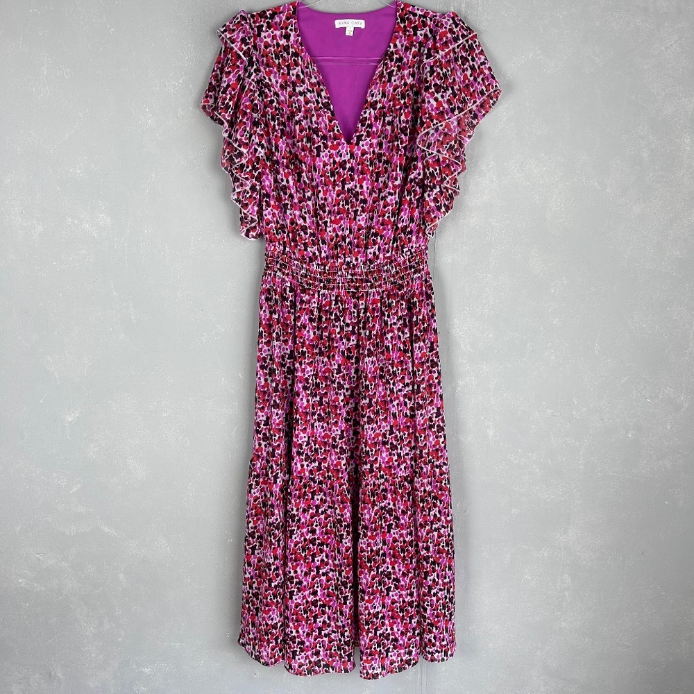 Anna Cate maxi dress size S pink red printed short flutter sleeve smocked v-neck